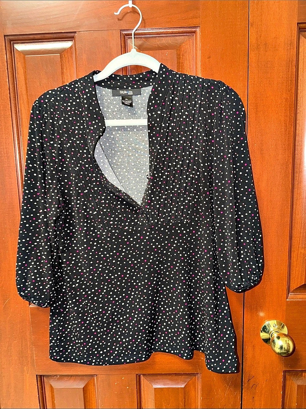 Style & Co Polka Dot Blouse Black & Pink Like New